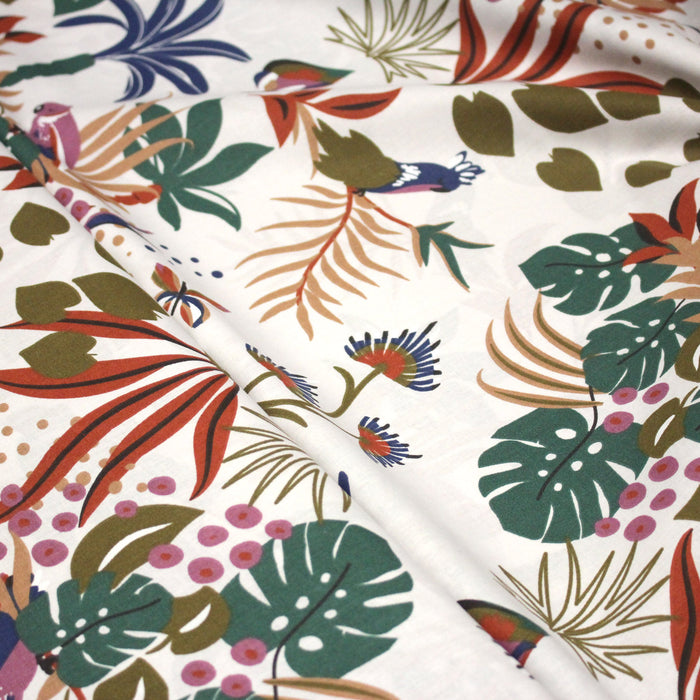 Tissu cotonnade blanc, motif tropical & oiseaux multicolores - STANDARD 100 OEKO - TEX - TissusPapi.com