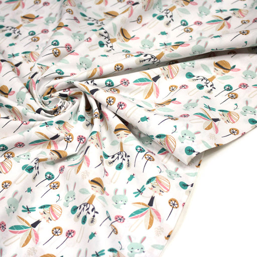 Tissu cotonnade blanc, Fées et danseuses, tons roses verts et ocre - STANDARD 100 OEKO - TEX - TissusPapi.com