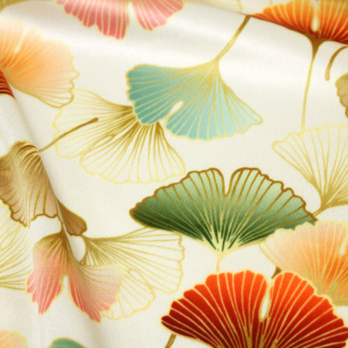 Tissu Velours ras imprimé écru motifs japonais feuilles de gingko biloba multicolores - OEKO-TEX