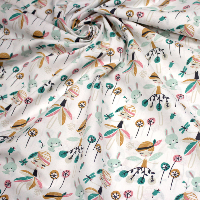Tissu cotonnade blanc, Fées et danseuses, tons roses verts et ocre - STANDARD 100 OEKO - TEX - TissusPapi.com