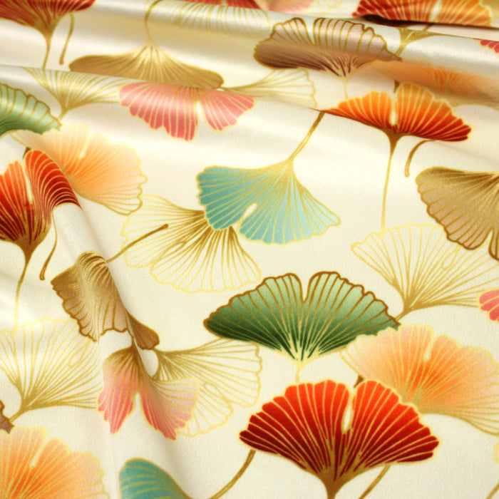 Tissu Velours ras imprimé écru motifs japonais feuilles de gingko biloba multicolores - OEKO-TEX