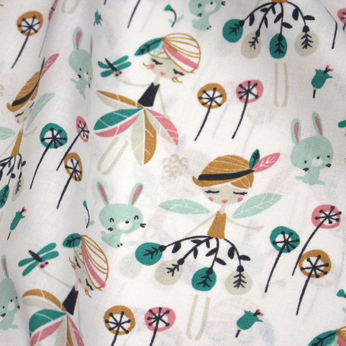 Tissu cotonnade blanc, Fées et danseuses, tons roses verts et ocre - STANDARD 100 OEKO - TEX - TissusPapi.com