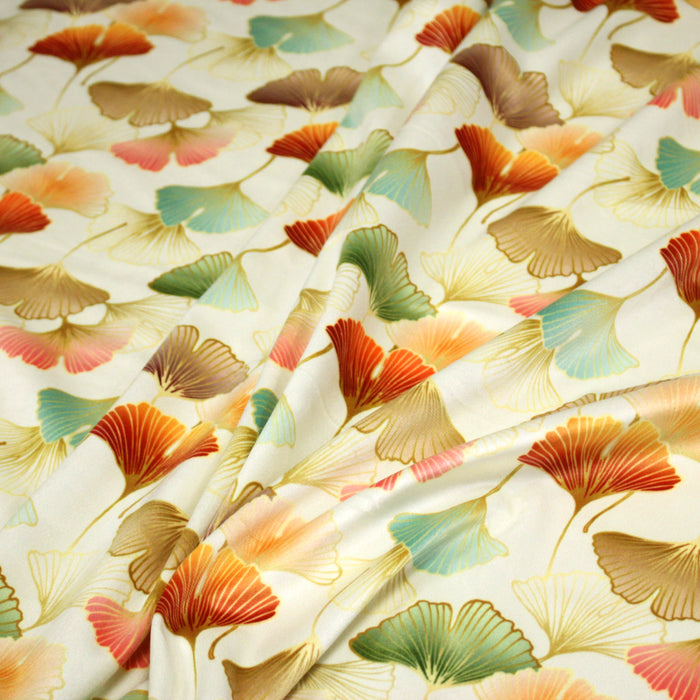 Tissu Velours ras imprimé écru motifs japonais feuilles de gingko biloba multicolores - OEKO-TEX