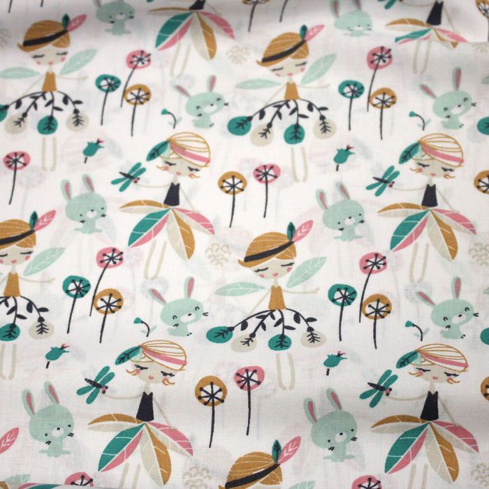 Tissu cotonnade blanc, Fées et danseuses, tons roses verts et ocre - STANDARD 100 OEKO - TEX - TissusPapi.com