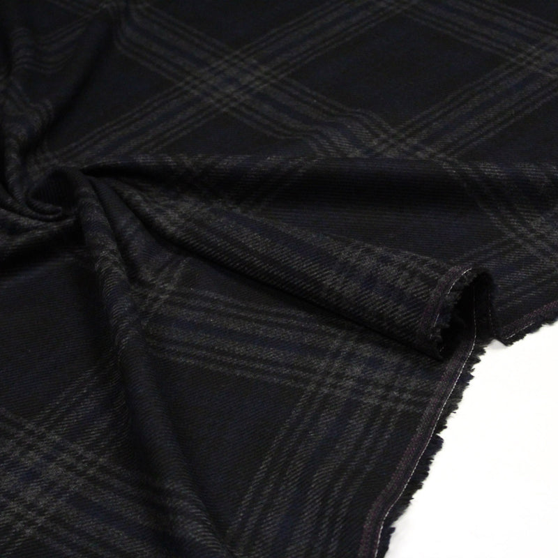Tissu lainage tartan carreaux noir bleu nuit et gris anthracite - Fabrication italienne - TissusPapi.com