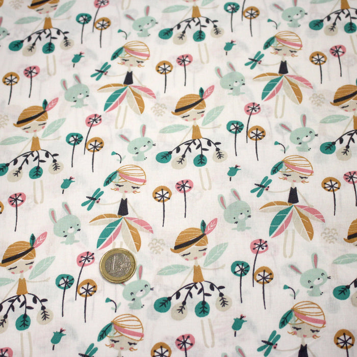 Tissu cotonnade blanc, Fées et danseuses, tons roses verts et ocre - STANDARD 100 OEKO - TEX - TissusPapi.com