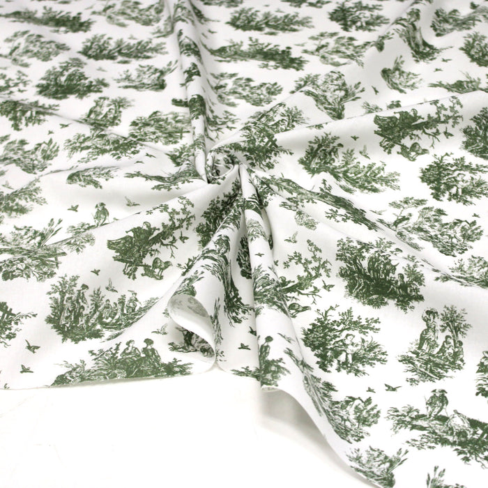 Tissu popeline de coton OBER - Toile de Jouy traditionnelle, fond blanc & vert kaki