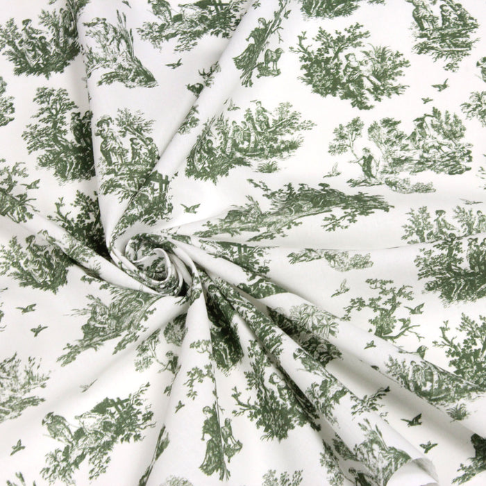 Tissu popeline de coton OBER - Toile de Jouy traditionnelle, fond blanc & vert kaki