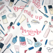 Tissu cotonnade MAKE - UP GIRLY, motifs maquillages et parfums, tons roses, bleus, écrus - TissusPapi.com