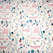 Tissu cotonnade MAKE - UP GIRLY, motifs maquillages et parfums, tons roses, bleus, écrus - TissusPapi.com