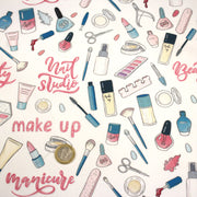 Tissu cotonnade MAKE - UP GIRLY, motifs maquillages et parfums, tons roses, bleus, écrus - TissusPapi.com
