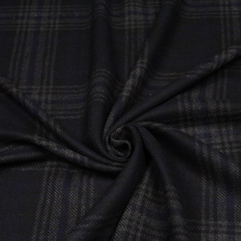 Tissu lainage tartan carreaux noir bleu nuit et gris anthracite - Fabrication italienne - TissusPapi.com