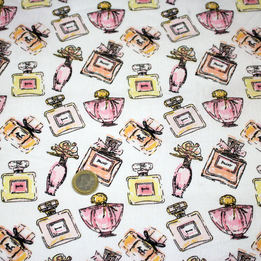 Tissu cotonnade MAKE - UP GIRLY, motifs bouteilles de parfum multicolores - TissusPapi.com