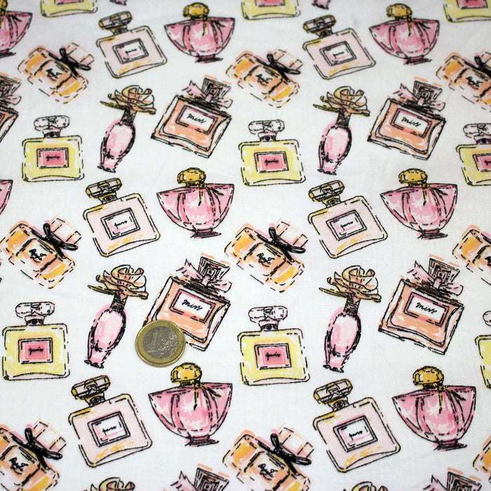 Tissu cotonnade MAKE - UP GIRLY, motifs bouteilles de parfum multicolores - TissusPapi.com