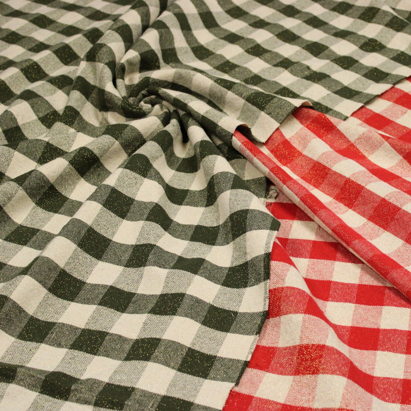 Tissu coton VICHY LUREX grands carreaux 25mm : rouge doré ou kaki doré ! - TissusPapi.com