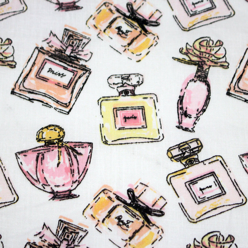Tissu cotonnade MAKE - UP GIRLY, motifs bouteilles de parfum multicolores - TissusPapi.com