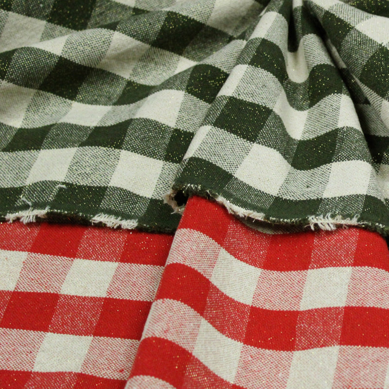 Tissu coton VICHY LUREX grands carreaux 25mm : rouge doré ou kaki doré ! - TissusPapi.com