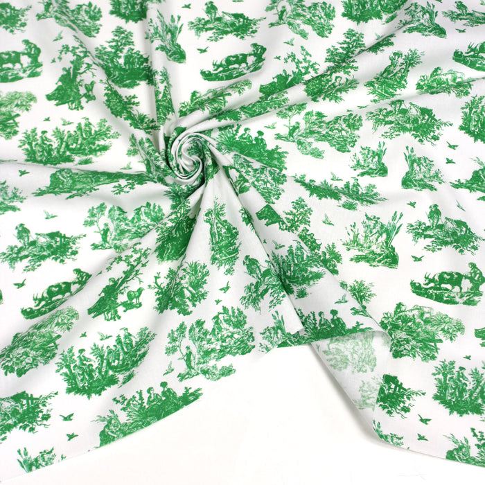 Tissu popeline de coton OBER - Toile de Jouy traditionnelle, fond blanc & vert prairie