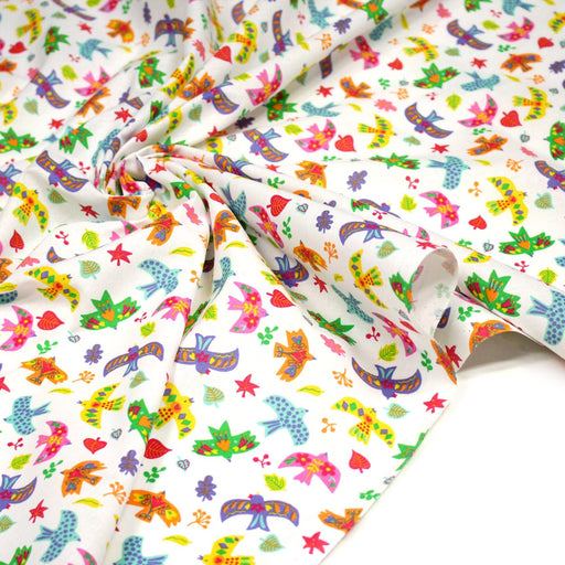 Tissu cotonnade blanc aux oiseaux multicolores - OEKO - TEX STANDARD 100 - TissusPapi.com