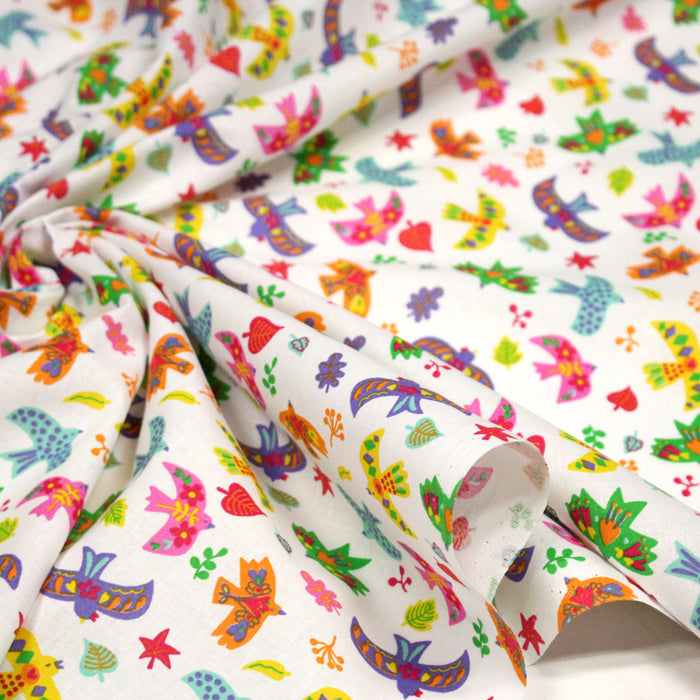Tissu cotonnade blanc aux oiseaux multicolores - OEKO - TEX STANDARD 100 - TissusPapi.com