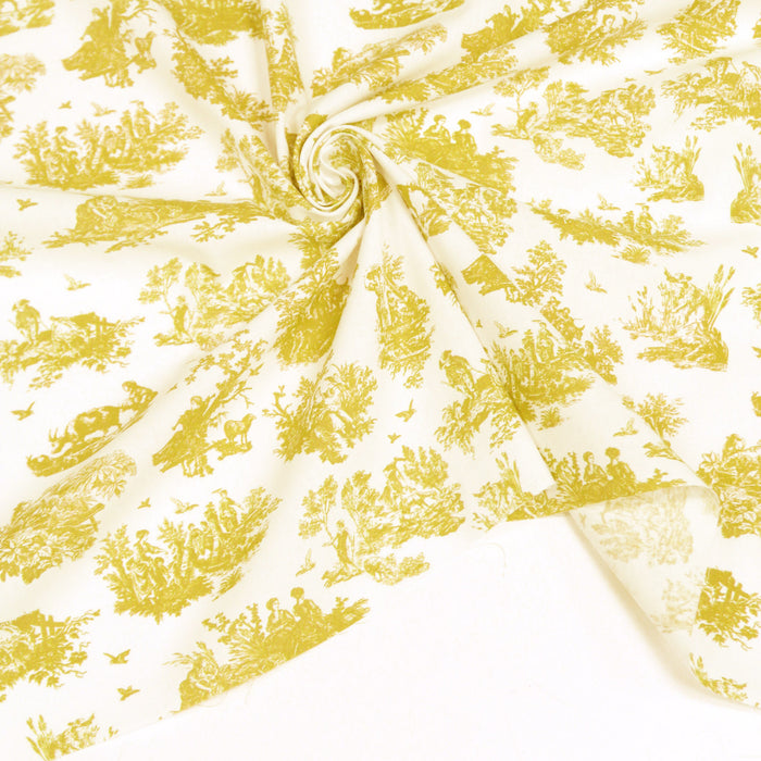 Tissu popeline de coton OBER - Toile de Jouy traditionnelle, fond blanc & motif jaune moutarde