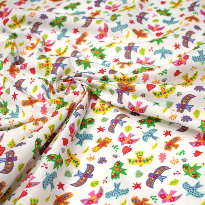 Tissu cotonnade blanc aux oiseaux multicolores - OEKO - TEX STANDARD 100 - TissusPapi.com