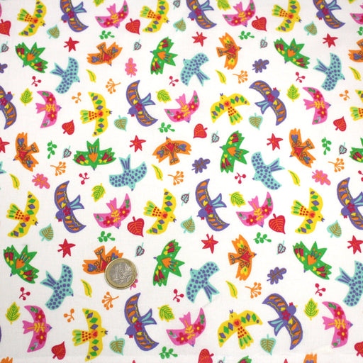 Tissu cotonnade blanc aux oiseaux multicolores - OEKO - TEX STANDARD 100 - TissusPapi.com