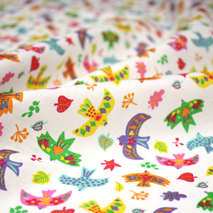 Tissu cotonnade blanc aux oiseaux multicolores - OEKO - TEX STANDARD 100 - TissusPapi.com
