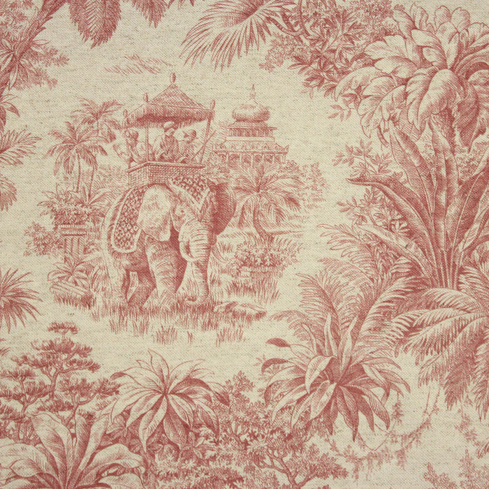 Tissu lin coton Toile de Jouy rose illustration indienne, maharaja, tigres et éléphants