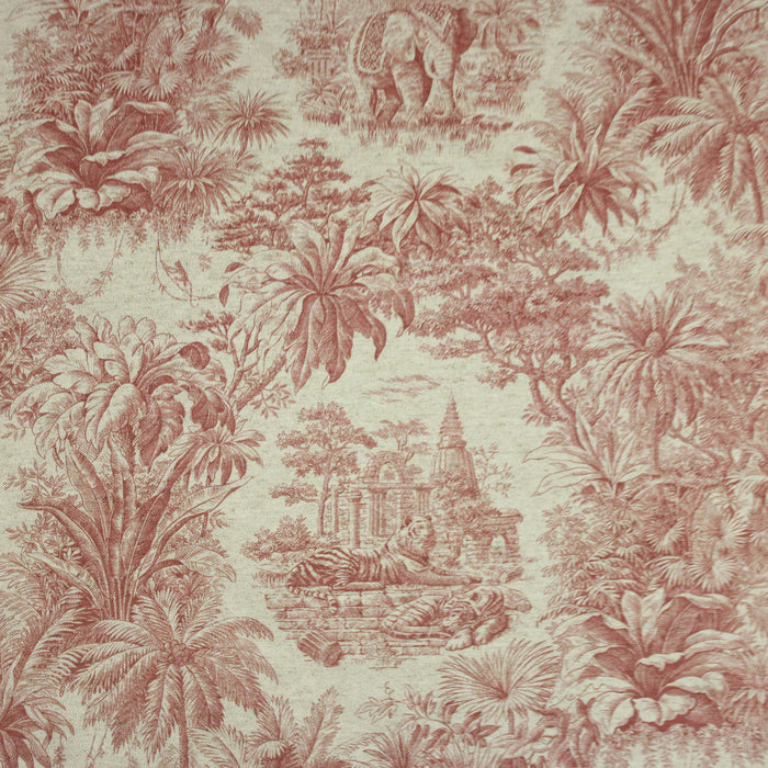 Tissu lin coton Toile de Jouy rose illustration indienne, maharaja, tigres et éléphants