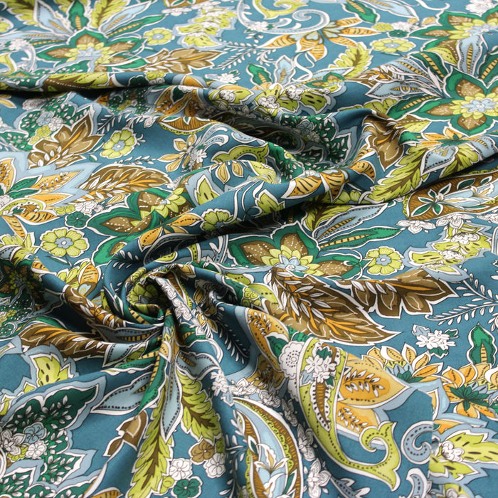Tissu popeline de viscose aux fleurs et motifs cachemire, tons bleus et verts - Fabrication française - COLLECTION KALAMKARI - OEKO-TEX®