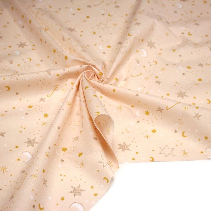 Tissu cotonnade enfant, LA VOIE LACTEE, les étoiles et la lune, tons corail - OEKO - TEX STANDARD 100 - TissusPapi.com