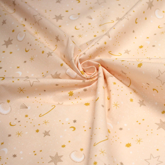 Tissu cotonnade enfant, LA VOIE LACTEE, les étoiles et la lune, tons corail - OEKO - TEX STANDARD 100 - TissusPapi.com