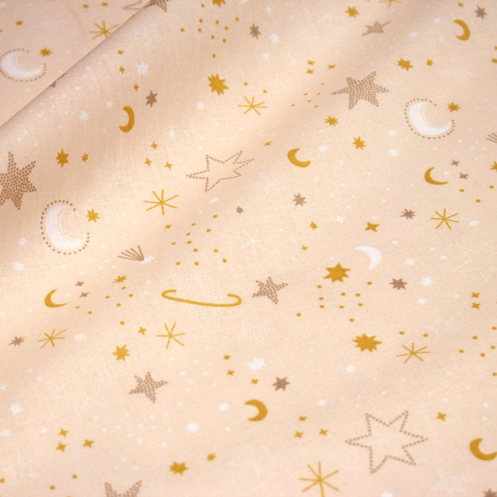 Tissu cotonnade enfant, LA VOIE LACTEE, les étoiles et la lune, tons corail - OEKO - TEX STANDARD 100 - TissusPapi.com