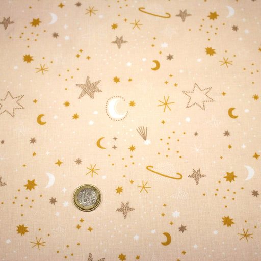 Tissu cotonnade enfant, LA VOIE LACTEE, les étoiles et la lune, tons corail - OEKO - TEX STANDARD 100 - TissusPapi.com