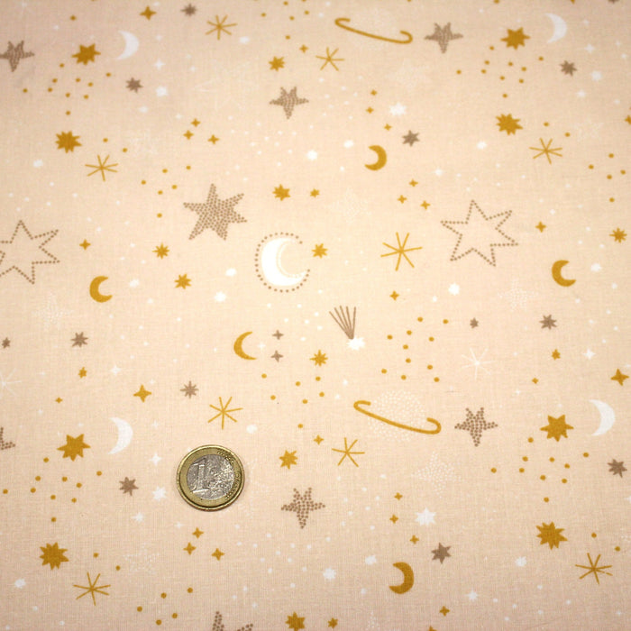 Tissu cotonnade enfant, LA VOIE LACTEE, les étoiles et la lune, tons corail - OEKO - TEX STANDARD 100 - TissusPapi.com