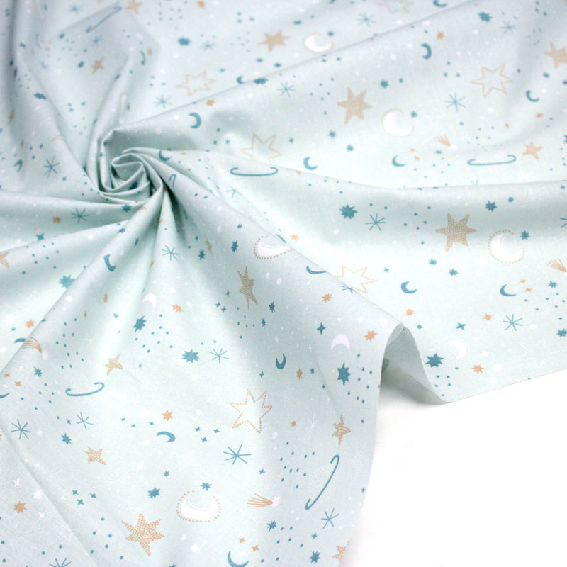 Tissu cotonnade enfant, LA VOIE LACTEE, les étoiles et la lune, tons bleus - OEKO - TEX STANDARD 100 - TissusPapi.com