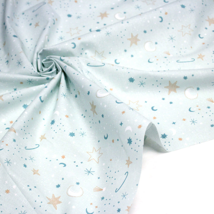 Tissu cotonnade enfant, LA VOIE LACTEE, les étoiles et la lune, tons bleus - OEKO - TEX STANDARD 100 - TissusPapi.com