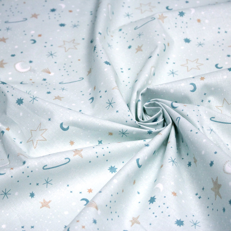 Tissu cotonnade enfant, LA VOIE LACTEE, les étoiles et la lune, tons bleus - OEKO - TEX STANDARD 100 - TissusPapi.com