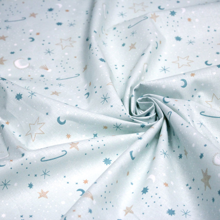 Tissu cotonnade enfant, LA VOIE LACTEE, les étoiles et la lune, tons bleus - OEKO - TEX STANDARD 100 - TissusPapi.com