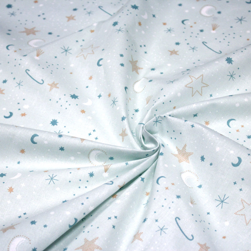 Tissu cotonnade enfant, LA VOIE LACTEE, les étoiles et la lune, tons bleus - OEKO - TEX STANDARD 100 - TissusPapi.com