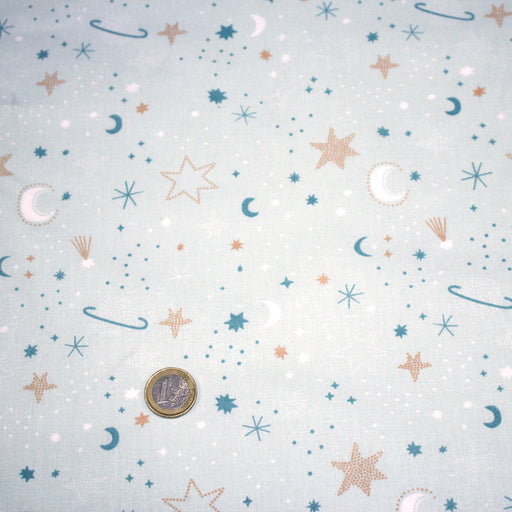 Tissu cotonnade enfant, LA VOIE LACTEE, les étoiles et la lune, tons bleus - OEKO - TEX STANDARD 100 - TissusPapi.com
