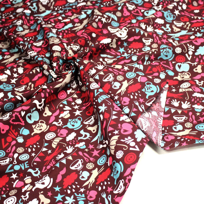 Tissu cotonnade – LOVE LOVE KITCHEN – cuisine illustrée, tons rose fuchsia & bleus - TissusPapi.com