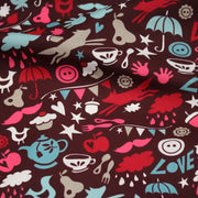 Tissu cotonnade – LOVE LOVE KITCHEN – cuisine illustrée, tons rose fuchsia & bleus - TissusPapi.com