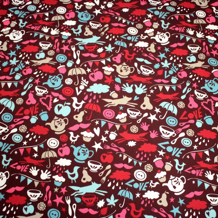 Tissu cotonnade – LOVE LOVE KITCHEN – cuisine illustrée, tons rose fuchsia & bleus - TissusPapi.com