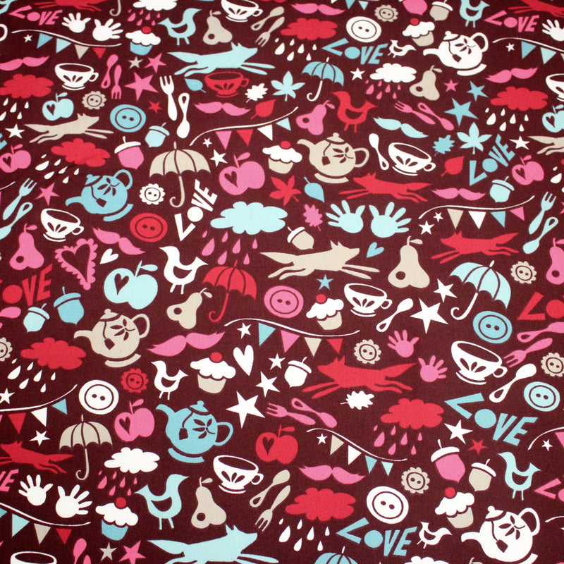 Tissu cotonnade – LOVE LOVE KITCHEN – cuisine illustrée, tons rose fuchsia & bleus - TissusPapi.com