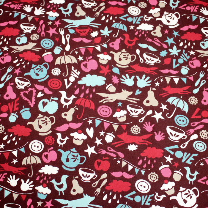 Tissu cotonnade – LOVE LOVE KITCHEN – cuisine illustrée, tons rose fuchsia & bleus - TissusPapi.com