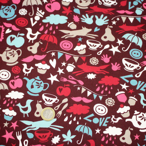 Tissu cotonnade – LOVE LOVE KITCHEN – cuisine illustrée, tons rose fuchsia & bleus - TissusPapi.com