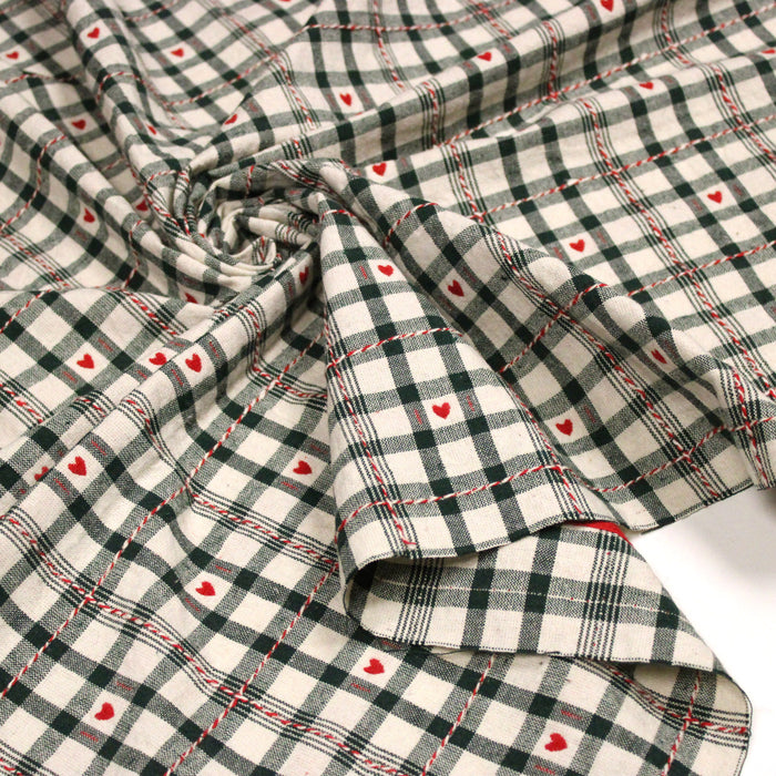 Tissu coton épais COEUR DES ALPES : carreaux traditionnels de chalet & petits cœurs tissés – 2 coloris disponibles
