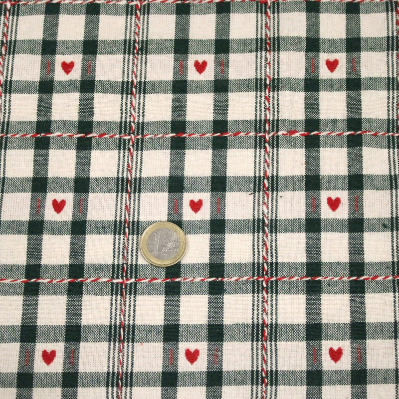 Tissu coton épais COEUR DES ALPES : carreaux traditionnels de chalet & petits cœurs tissés – 2 coloris disponibles - TissusPapi.com